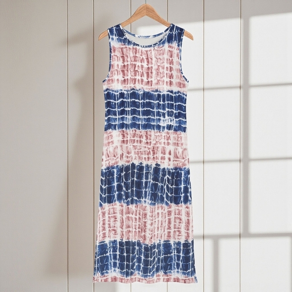 π Boho Casual Tie-Dye Midi Summer Dress Sleeveless Soft Knit Color Block Look - Picture 5 of 13